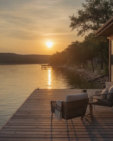 Wooden deck with two chairs overlooking a calm lake at sunset, with trees lining the shore and a house visible on the right.